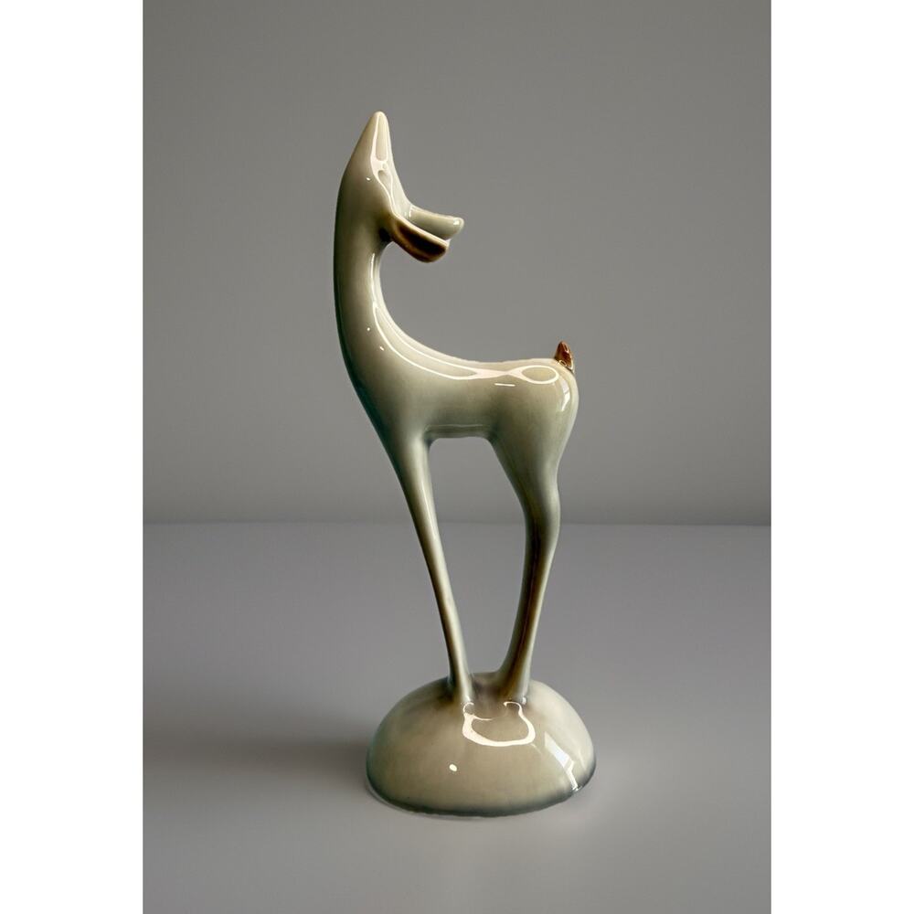 Vintage Roselane Pottery Deer Gazelle Fawn Figurine Cream Taupe 8" MCM Stretched